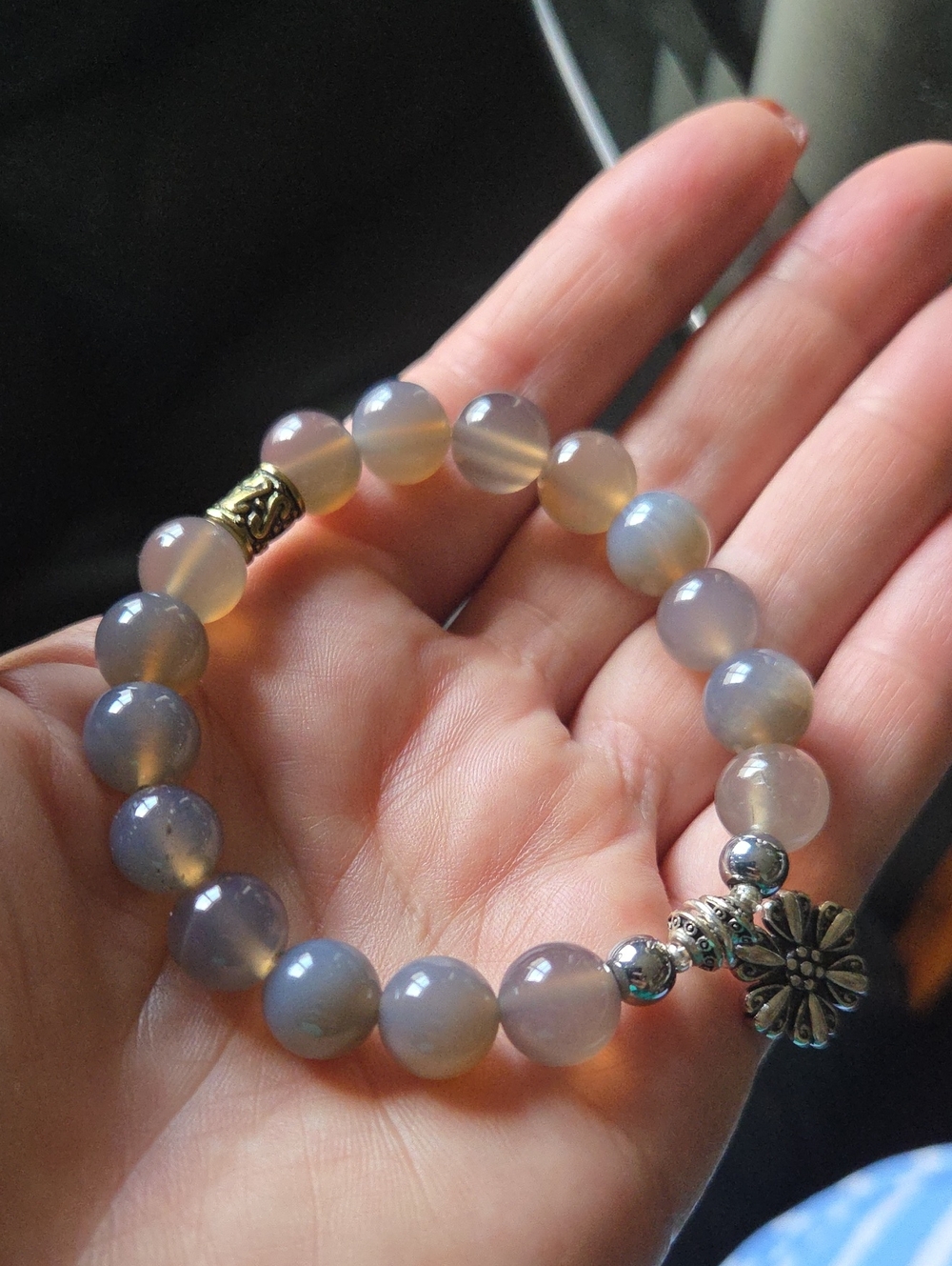 Translucent Gray Agate Stretch Bracelet with Silver Floral Charm